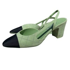 Chanel Quilted Crystal Slingback Pumps Green Suede Cap Toe Heels EU 41 NEW
